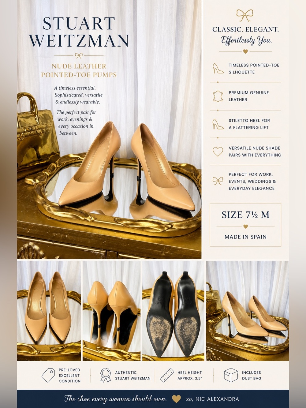 Stuart Weitzman Nude Leather Pointed Toe Pumps | Size 7.5